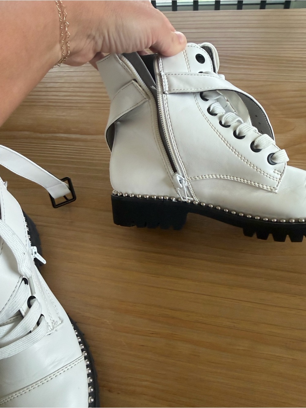 White Women's Lace-Up Ankle Boots with Stud Trim MGK BOOTS